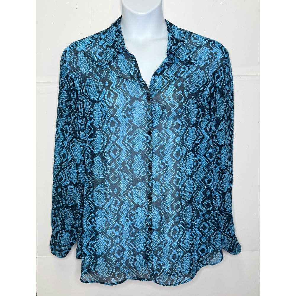 Venezia Jeans Button Down Blouse Womens 22/24 Blue Snakeskin Sheer Boho‎ Office